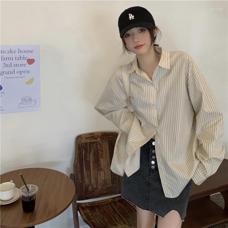 

Women's Blouses & Shirts Autumn Youthful Fresh Striped Women Loose All-Match Casual Office Lady Temperament Lapel Long Sleeve Thin Female Co, Blue