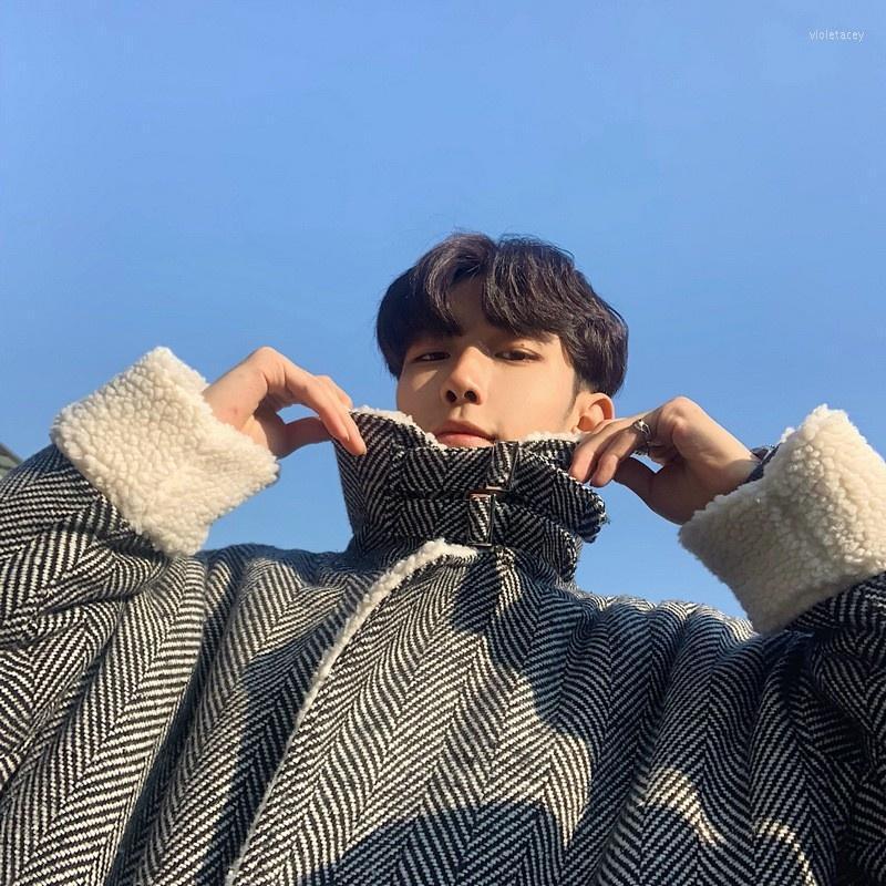 

Men's Trench Coats Double Korean Breasted Mens Lambswool Lining Overcoats Long Sleeve Winter Warm Loose Fit Male Casual Medium Length Viol22, Black