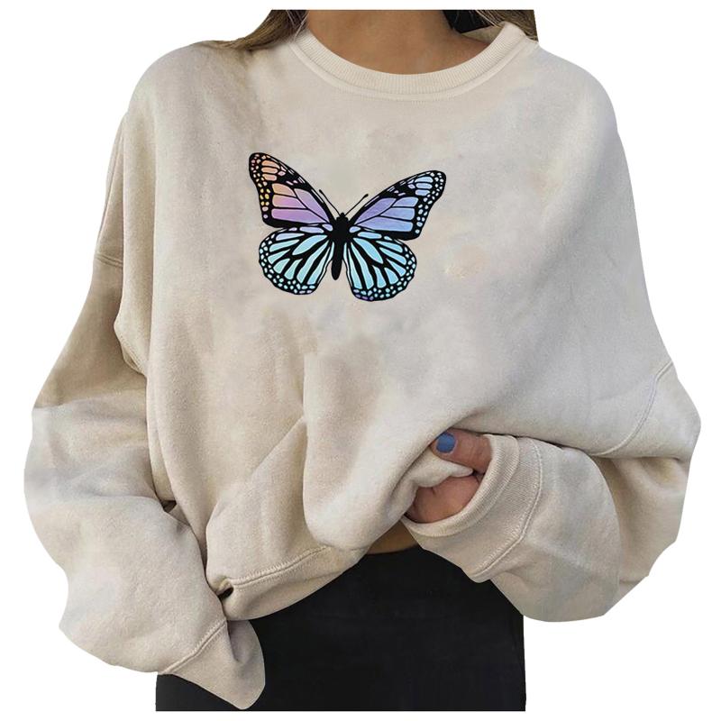 

Women' Hoodies & Sweatshirts Autumn Oversized Sweatshirt Harajuku Butterfly Print Women Long Sleeve Pullover Teen Girls Loose Tops And Shir, Beige
