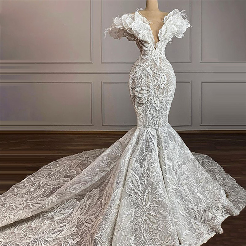 

LuxuriousMermaid Wedding Dress Sleeveless Strapless Deep V Neck Strapless 3D Flower Appliques Lace Floor Length Illusion Custom Made Ruffles Bridal Floor Length, Custom made from color chart