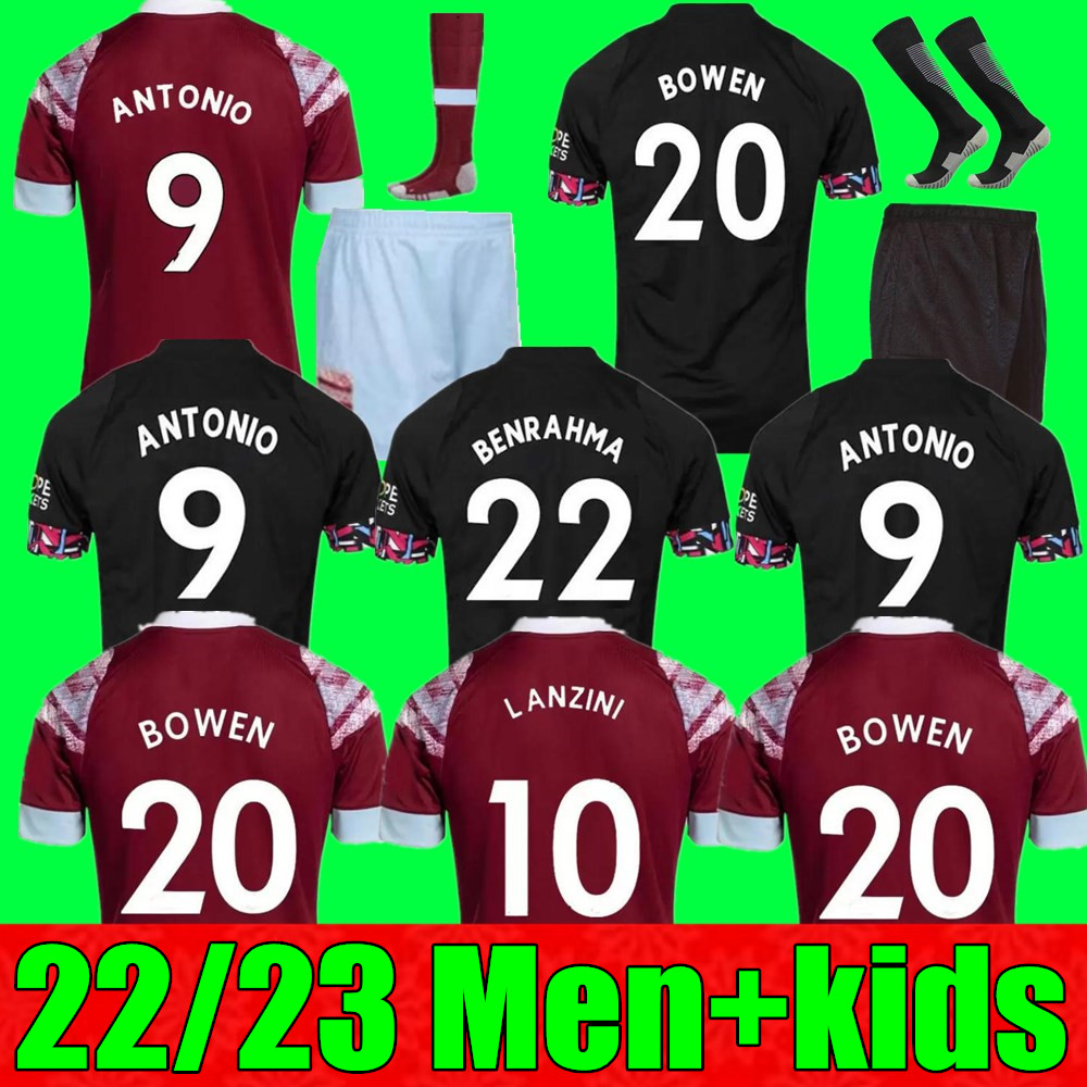 

22 23 West Hams BOWEN RICE Soccer Jerseys BENRAHMA UNITED ANTONIO YARMOLENKO NOBLE FORNALS DAWSON Vlasic SOUCEK 2022 2023 Jersey Football Shirt Men Kids Kit, Adult away+league patch