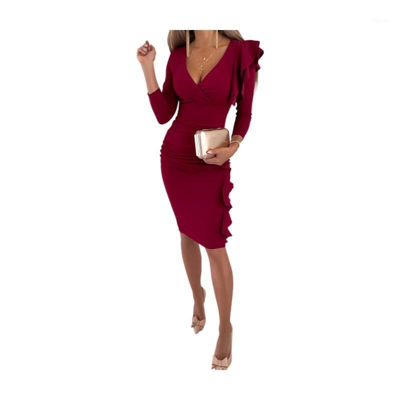 

Casual Dresses Women Autumn Winter Sexy Fashion V-Neck Ruffled Slim-Fitting Pleated Hip Dress Female Long Sleeve Solid Color Splice Lady, St21170 blue