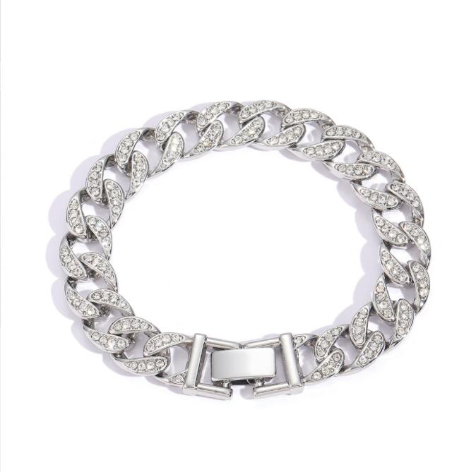 

11MM Rhinestone Alloy Cuban Chain Bracelet Men And Women Hip Hop Jewelry