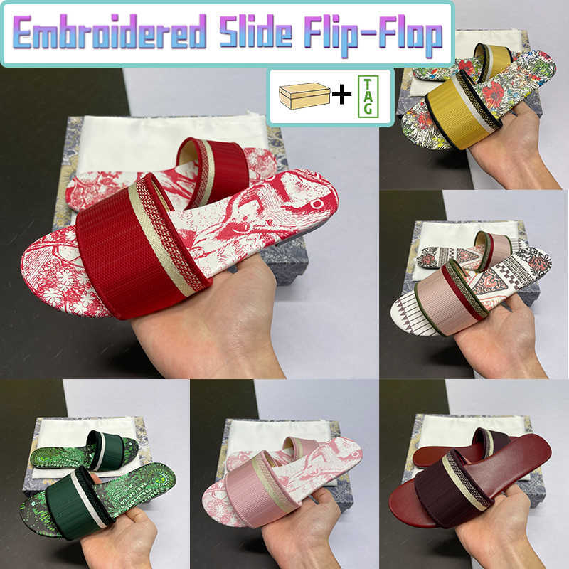 

With Box Embroidered Slide Flip-Flop Slippers Cotton Stripe Slides Beach Sandals Cornflower Blue Dark Nude Stripes Men Women Slipper Shoes, 01