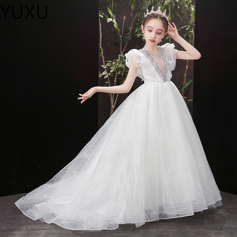2022 nouveau blanc fleur filles robes de luxe paillettes balayage train Satin Simple princesse filles Pageant robe pour enfants enfant en bas âge