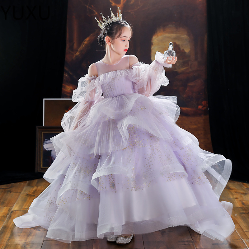 2022 purple Flower Girl Dresses for Wedding Lace Floral Appliques Tiered Skirts Toddler Girls Pageant Dress Ball Gown Kids Birthday Gowns