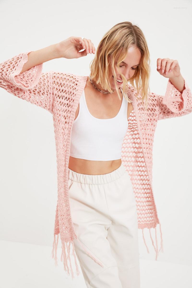 

Women's Knits & Tees Trendyol Long Cellular Tassels Knitwear Cardigan TWOAW22HI0720 Depe22, Black