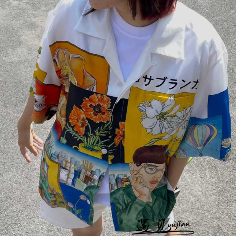 

Casablanca 22ss Silk Shirts Melancholy Artist Oil Painting Printing Japanese Style Casual Loose Men and Women Short Sleeve Shirt Casablanc, White