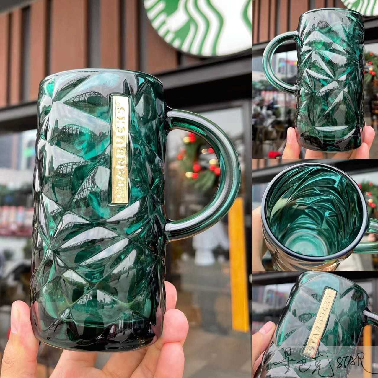 Starbucks cup New Year gift Vintage 480ml Classic Green irregular shape glass coffee cup-image-760313097