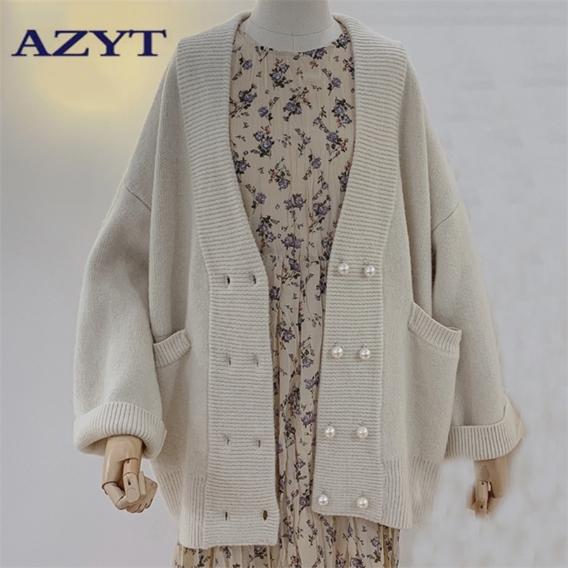 

Pearl Double Breasted Chic Cardigan Women Fall Soft Solid Woman Sweater Coat Winter V Neck Cardigan Female Jacket 201203, Red