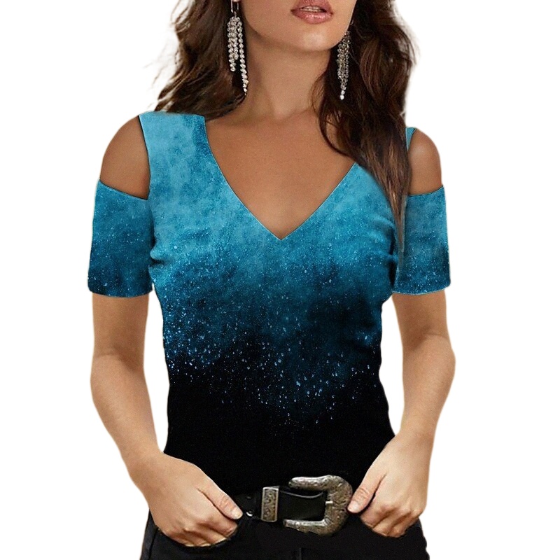women's Abstract Painting T shirt Galaxy Cut Out Print V Neck Basic Tops Green Blue Pink / 3D Print o1Mk#