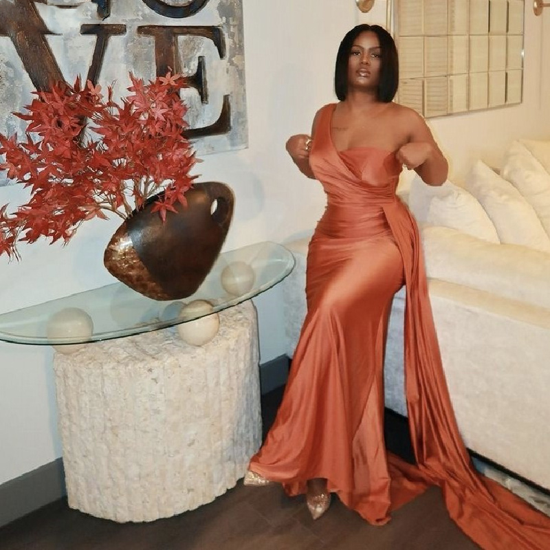 Orange Prom Dresses Newest One Shoulder Sleeveless Mermaid Silk Satin Evening Gowns With Lace Up Back
