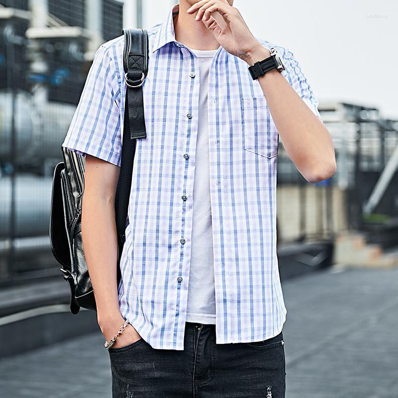 

Men's Dress Shirts Summer Plaid Short Sleeve Shirt Men's Loose Casual Versatile TopMen's Sybi22, Blue lattice
