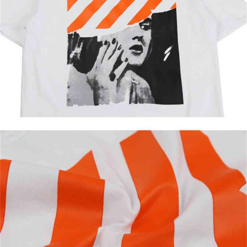 

Men' and Women' Trendy Brand T-shirt High Version Off Monroe Casual Stripe Print Short Sleeve White Student Street Hip Hop Style Ow