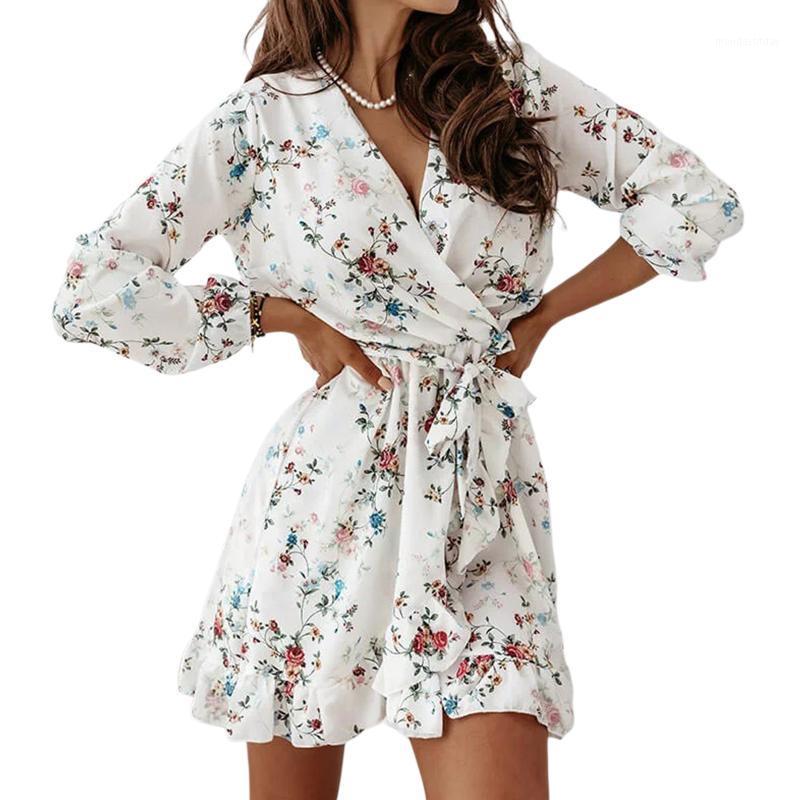 

Casual Dresses Summer Women Sexy Dress Fashion Tie-up Ruffle Vintage Flower Print Long Sleeve V-neck Sundress, Blue