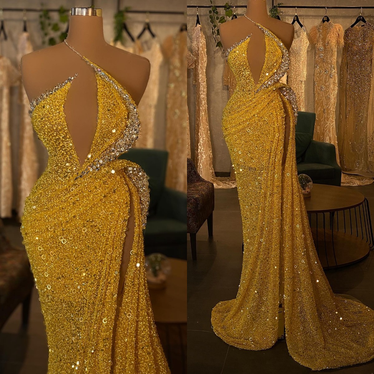 

Sexy Gold Sequined Mermaid Prom Dresses One Shoulder Beaded Sweep Train Evening Gowns Robe De Soiree Formal Party Dress, Dark navy