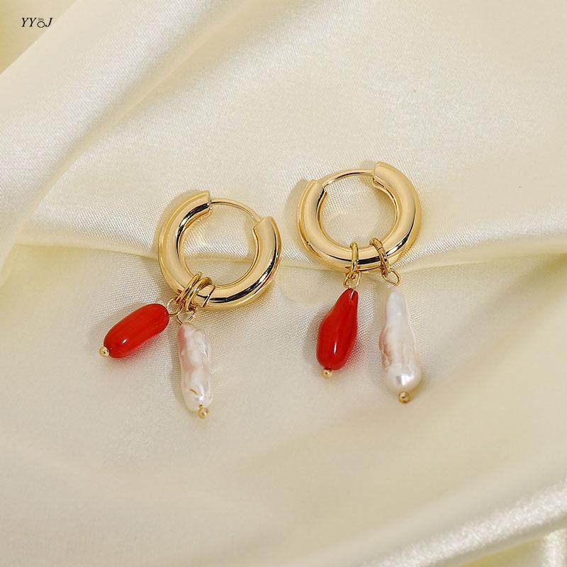 Dangle Lustre Perle Corail Boucles D'oreilles Pour Les Femmes Or Dangling Hoop Minimaliste Bijoux Pierre Naturelle D'été Plage JewelryDangle