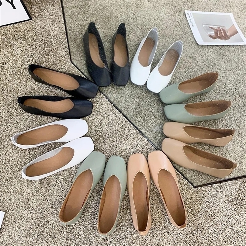 

Classics Candy Color Soft PU Leather Loafers Women Fashion Casual Square Toe Mules Shoes Slip On Comfort Retro Ballet Flats 220616, Khaki