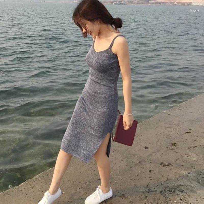 

Casual Dresses 2022 Classic Slim Cut Women Dress Side Vented Sleeveless Top Style Selling Famale Party Wear Stretch Knitting Woman, Black
