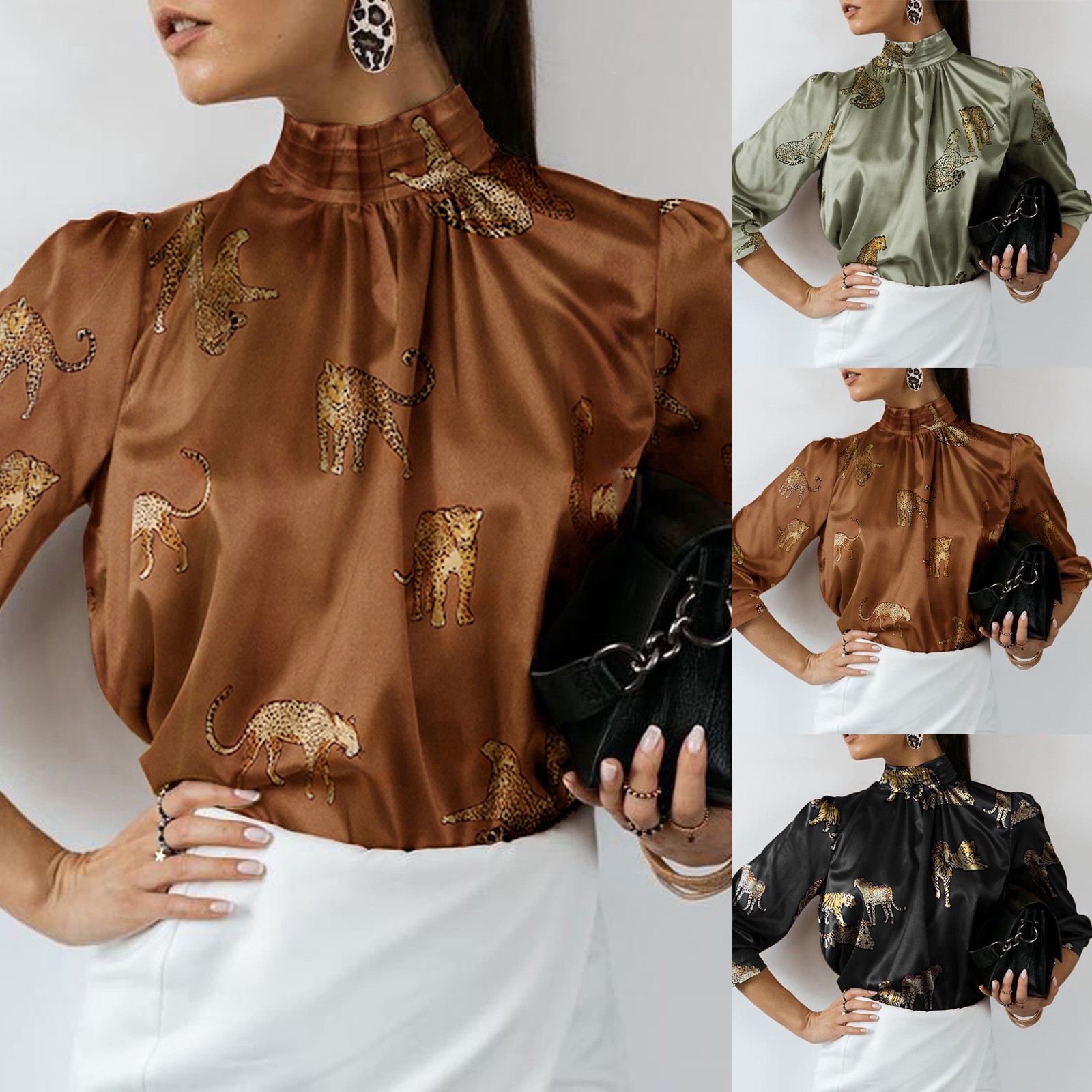

2022 Women Satin Elegant Blouses Tiger Print Long Sleeve Shirts Tunic Summer Stand Collar Party Top Casual Blusas Femininas, Green