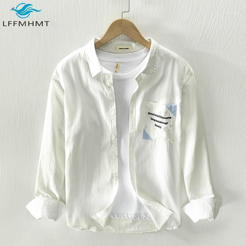 

Spring Autumn Fashion Men Letter Embroidery Pocket Long Sleeve Lapel Shirt Japan Style Simple Casual Comfortable Cotton Top Male Men's, Rc231 navy green