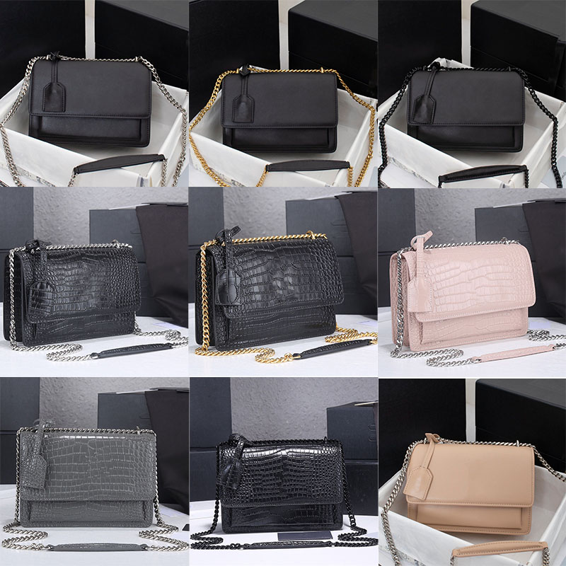 

Top Quality Sunset Medium Bags Luxury Smooth Leather Shoulder Bags Women Flap Crocodile Embossed Crossbody Bag Handbags purses Chain Wallet, Color 1