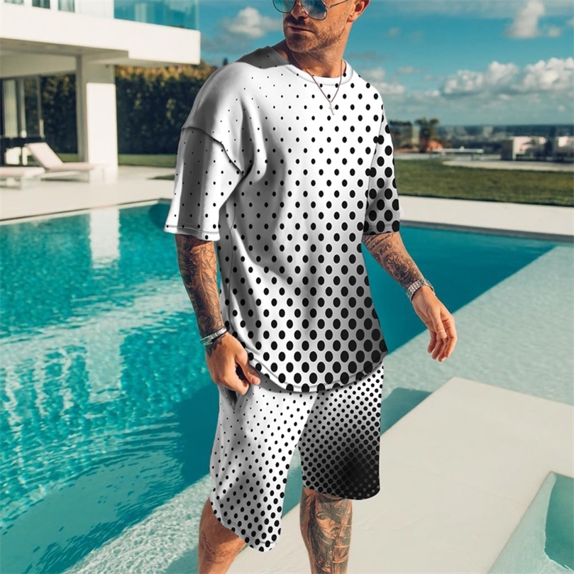 Summer 3D Printed Mens TShirt Set Solid Color With Black Dot Casual Suit Simple Short Sleeve Shorts 2 Piece Set 220602