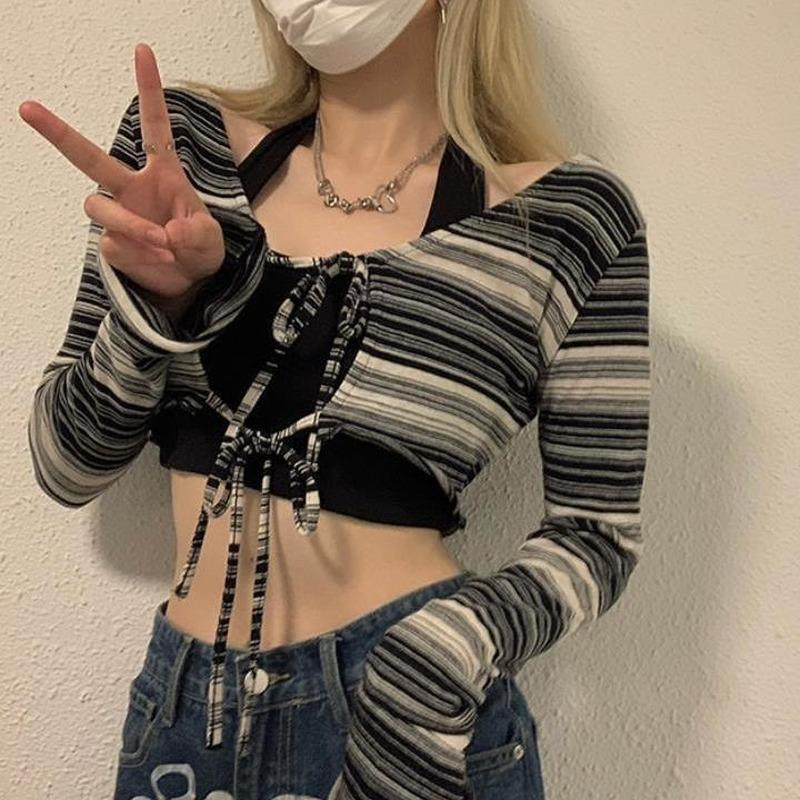 

Women' T-Shirt HOUZHOU Grunge T Shirt Y2k Women Crop Top 2 Piece Female Harajuku Long Sleeve Striped Tee Vintage Slim Sexy Korean Style, Suit