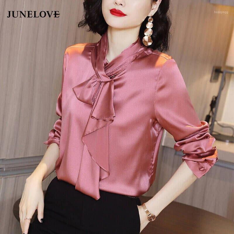 

JuneLove 2022 Spring Women Solid Long Sleeve Blouse Vintage Office Ladies Bow Imitation Silk Tops Female Shirts Clothing Women' Blouses, Black