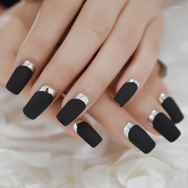 

False Nails Medium Long Matte Classical Adult Fake French Black Square Silver Pre-designed Nail Fashionable Press On Prud22, L5088