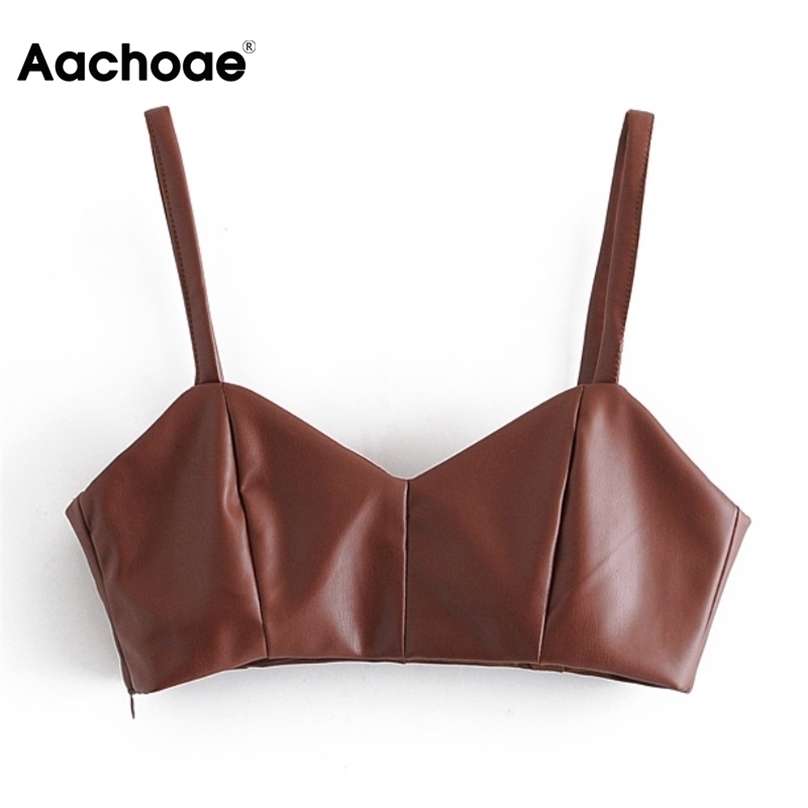 

Aachoae Women Fashion PU Faux Leather Camis Vintage V Neck Backless Zipper Camisole Female Party Sexy Cropped Tank Top 220318, Brown