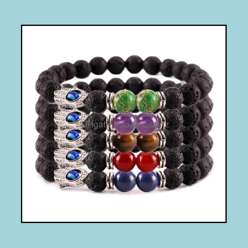 

Beaded Strands Bracelets Jewelry Fatima Hand Lava Bracelet Natural Stone Seven Chakra Yoga Healing Energy Power Beads Handmade Stretch