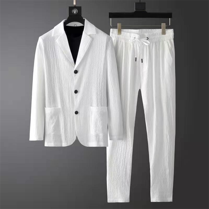 

Men's Suits Blazers Spring Summer Fashion Suit Men's Long Sleeve High-end Casual Suit Korean Slim Handsome Two-piece Set White Black Blazer Pant 220826, Solid white