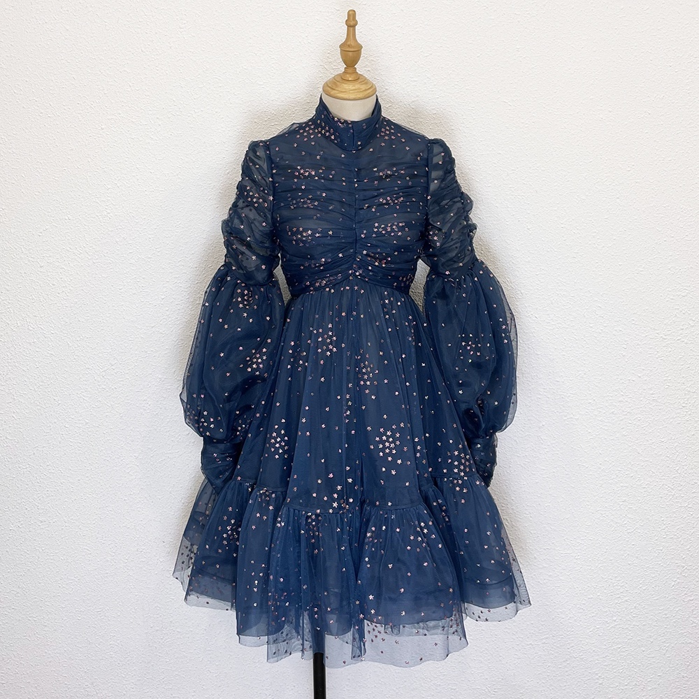 

French fairy fluffy palace style flower bud bubble sleeve Organza Dress, Blue