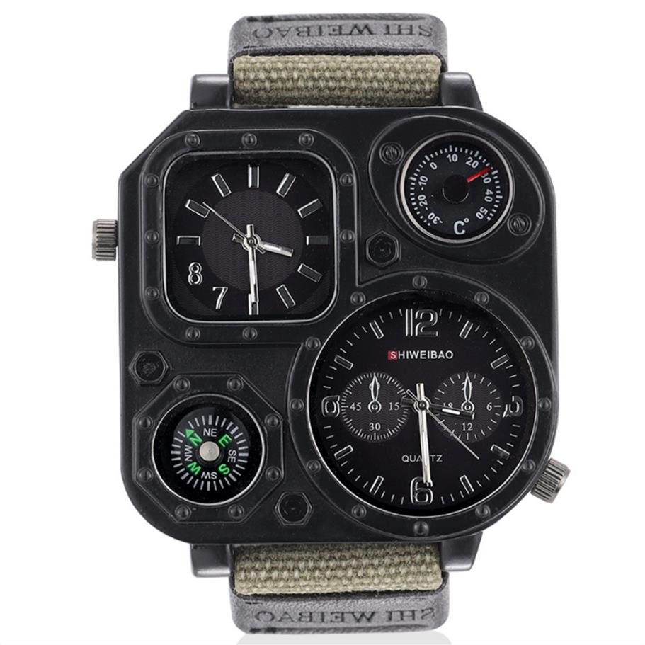 

GMT Dual Time Military Mens Watch Stainless Steel Case Back Outdoor Quartz Watches Canvas Band Compass 50mm Large Square Dial Masc2860, No send watch for shipping