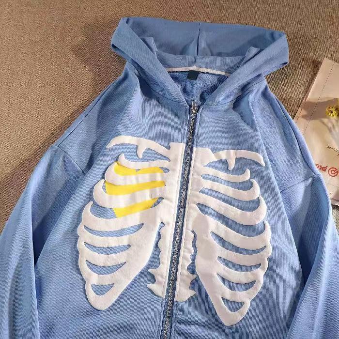 

Men's Hoodies & Sweatshirts Skeleton Print Anime Zip Up Vintage Blue Men Loose Black White Harajuku Women JacketMen's