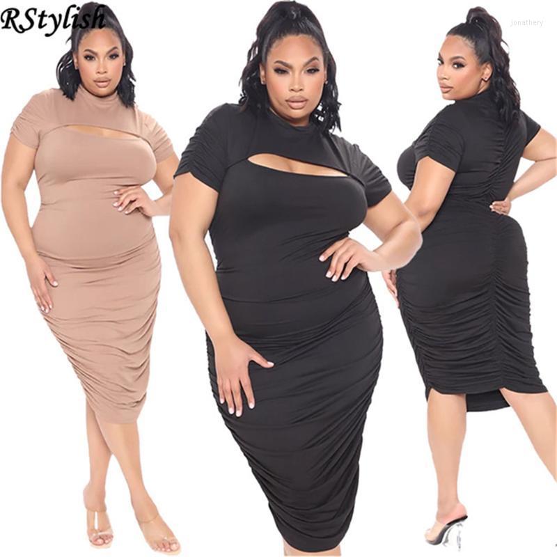 

Plus Size Dresses RStylish 2022 Women Elegant Skinny Party Dress Summer Solid Color O Neck Midi Women's Short Sleeve Office Ladies Pleated J, Black