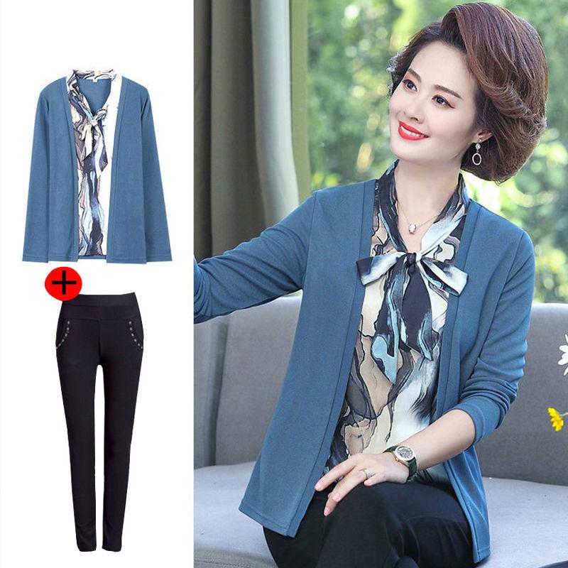 

Women's Two Piece Pants Women Knitted Cardigans Sweaters Sets Woman Fashion Black Trousers 2 PCS Costumes Outfit Middle Aged Mom Clothing E2, Blue