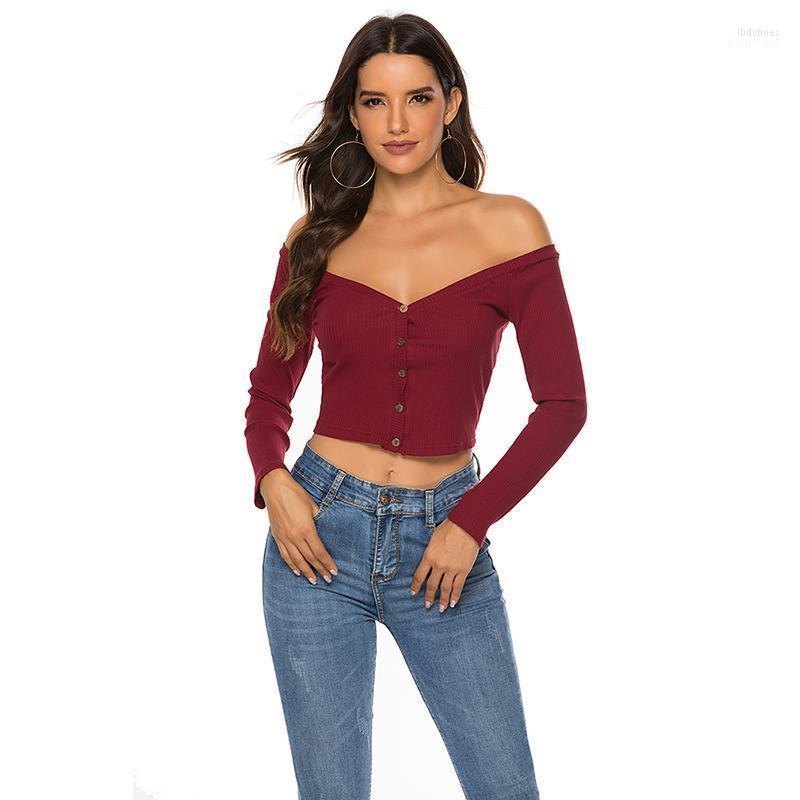

Women' T-Shirt 2022 Summer Off Shoulder Sexy Women Shirt Button Long Sleeve Wine Red Solid Shirts Short Knitted Cropped Tops Black Blusas