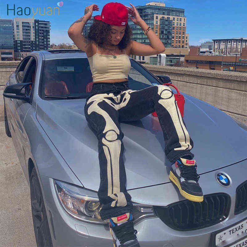

HAOYUAN Skeleton Patterned Low Rise Jeans Streetwear Women Sexy Black Denim Trousers Cyber Y2k Goth Cargo Pants Fall 2021 T220728