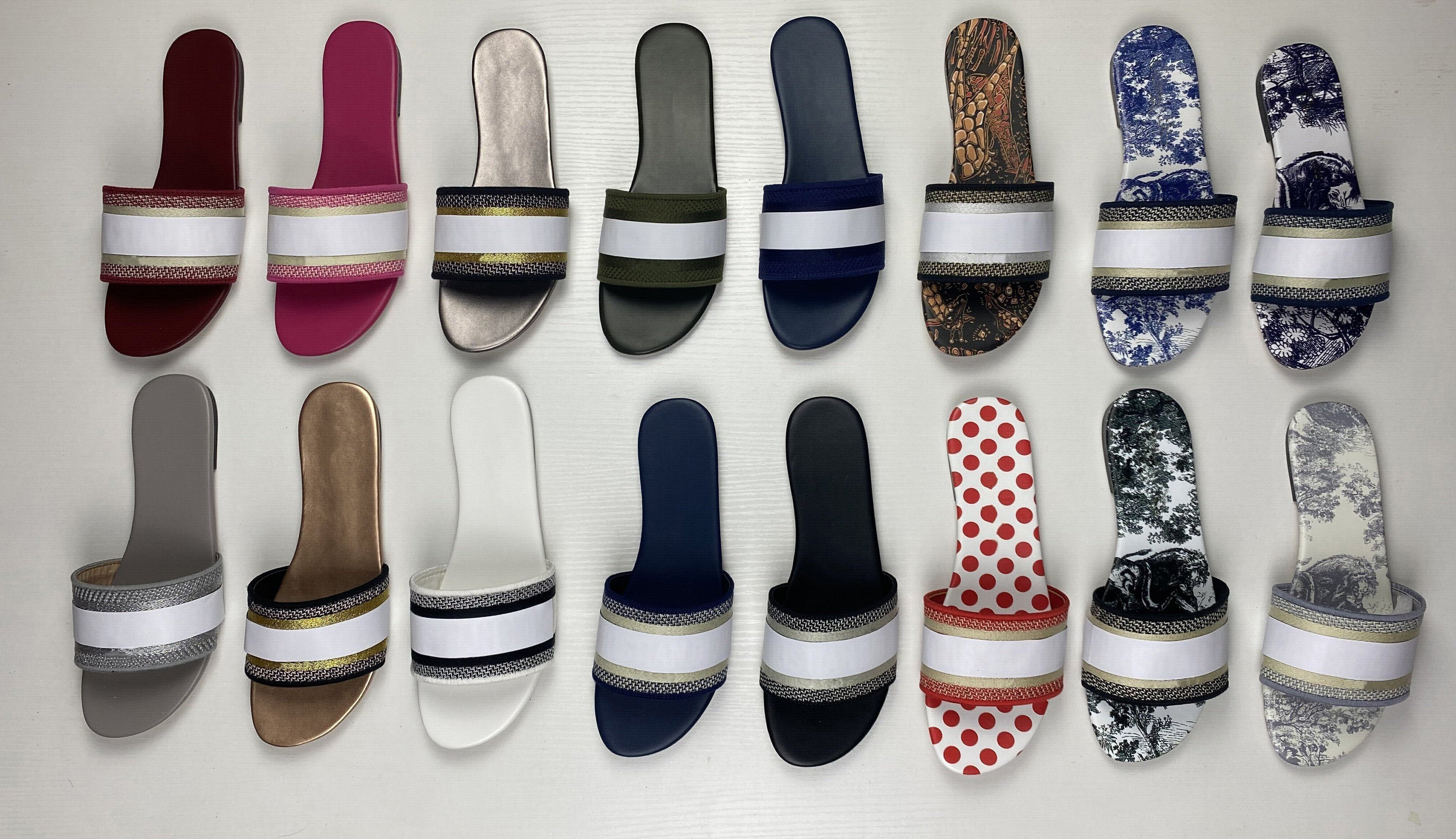 

Women Slippers Summer Sandals Beach Slides Ladies SLIPPER Flip Flops Embroidered Floral Shoes With Box, As pic