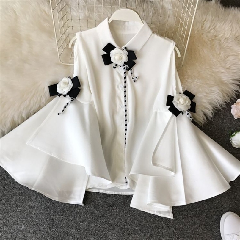 

Spring Summer Vintage Lapel Strapless Big Flare sleeve Long Slim Chiffon Shirt 3D Flower Deco Blouse Women 220402, White