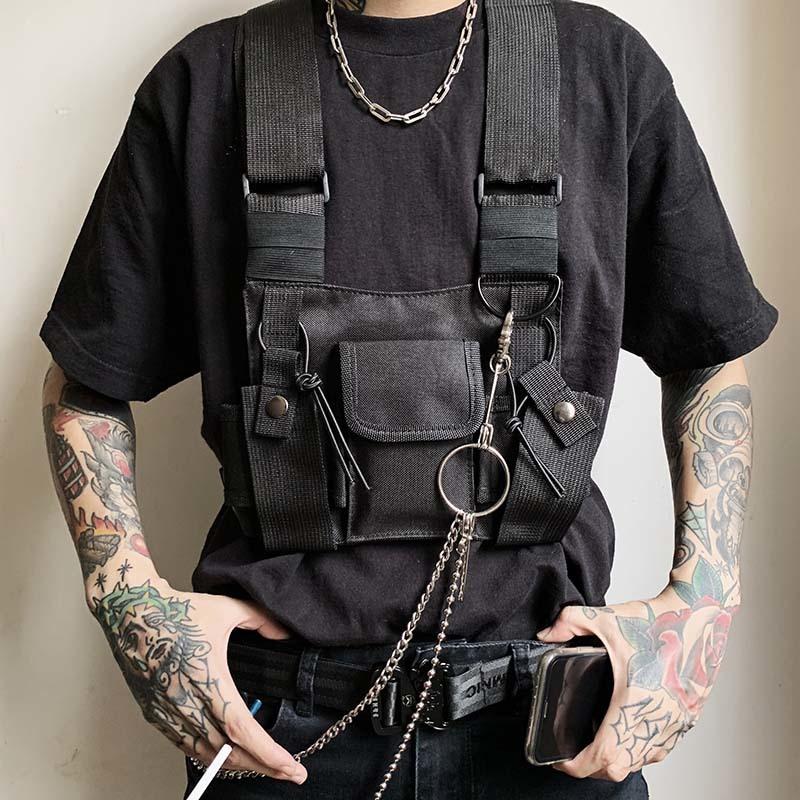 

Waist Support Street Style Military Chest Rig Bag For Men Black Hip Hop Functional Packs Adjustable Vest Waistcoat Walkie BagsWaist, Single chain