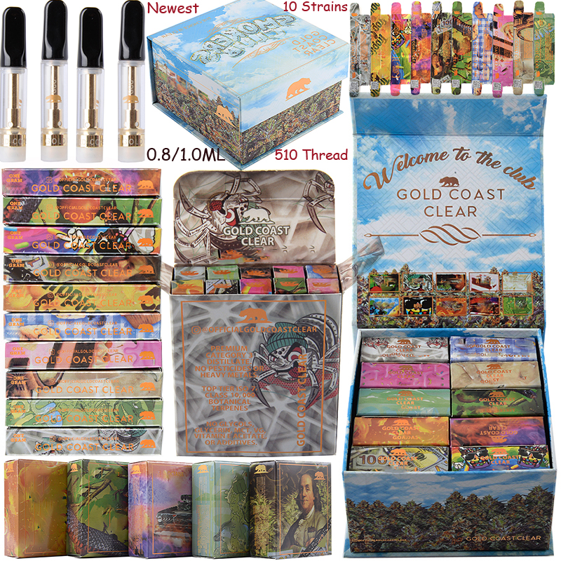 

Newest Smokers Club Edition GOLD COAST CLEAR Atomizers Vape Cartridge Cartridges Glass Tank Thick Carts E Cigarettes 510 Thread Packaging 10 Strains Available