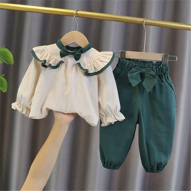 

Baby girls clothing sets spring bowknot blouses tops bloomers pants set for kids clothes baby suit children sweet outfit, Green