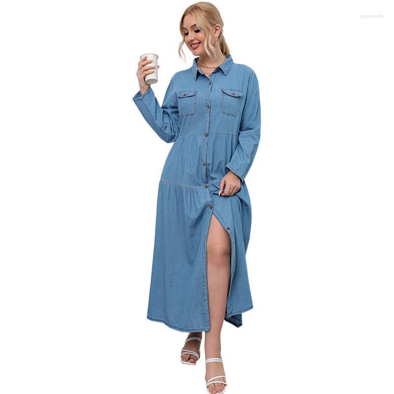 

Plus Size Dresses Fashion Female Denim Longue Robe Women Autumn Vintage Long Sleeves Maxi Jeans Shirt Dress Casual VestidosPlus Jasp22, Blue