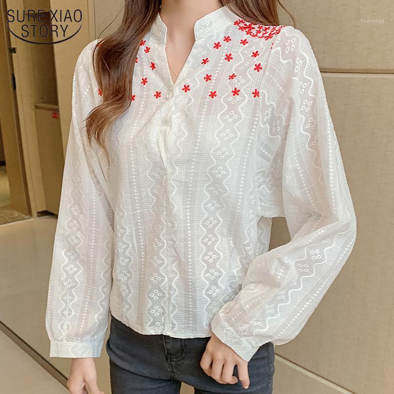 

Women's Blouses & Shirts 2022 Casual White Slim Lace Women Autumn Korean Style Elegant V-neck Long Sleeve Embroidered Shirt 11301