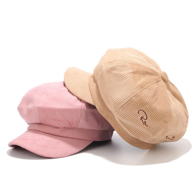 

Berets Versatile Korean Version Of The Corduroy Embroidered Octagonal Hat, Black