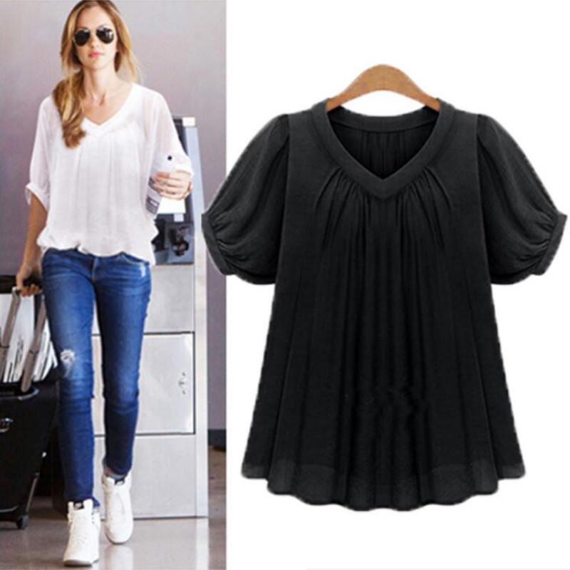 

Women's Blouses & Shirts Summer Fashion Shirt Women Tops Short Sleeves Pleat Chiffon Blouse Loose Plus Size -5XL Blusas Femininas, Black