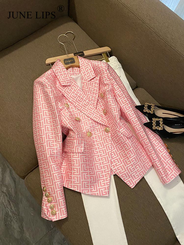 

Women's Jackets JUNE LIPS HIGH STREET Est 2022 Designer Jacket Women Pink Lion Buttons Double Breasted Slim Fitting Jacquard Blazer, Gold